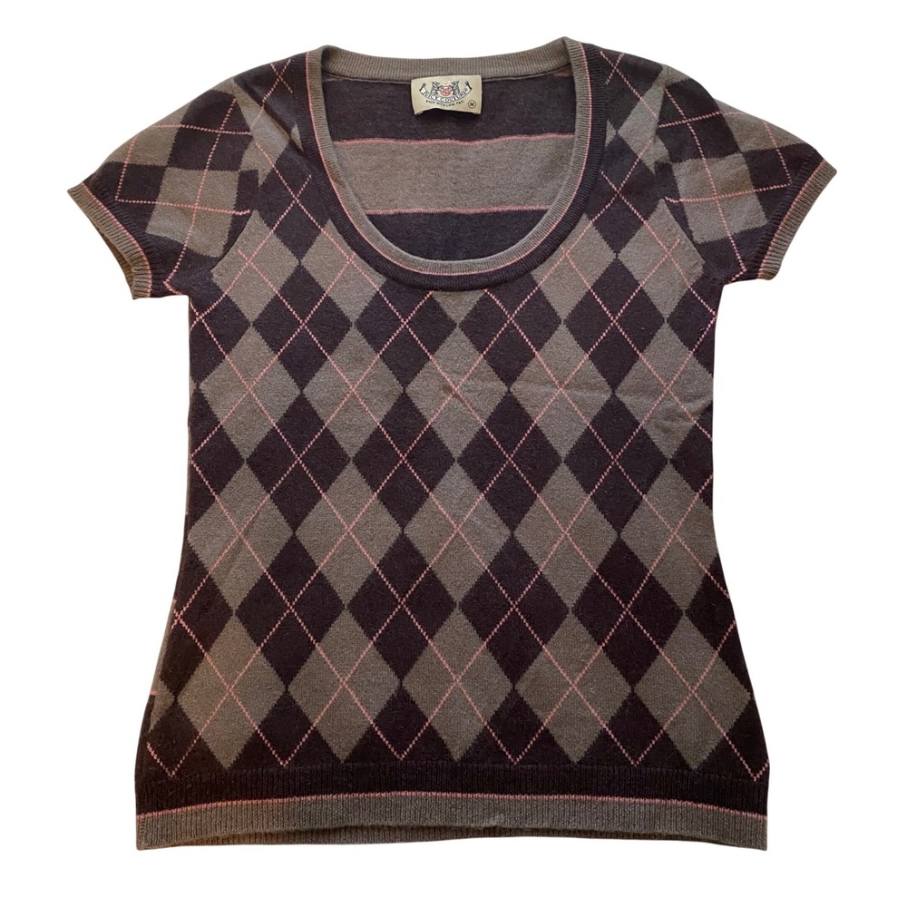 Vintage Juicy Couture Argyle Cashmere Short Sleeve Sweater Women M Academia Y2K